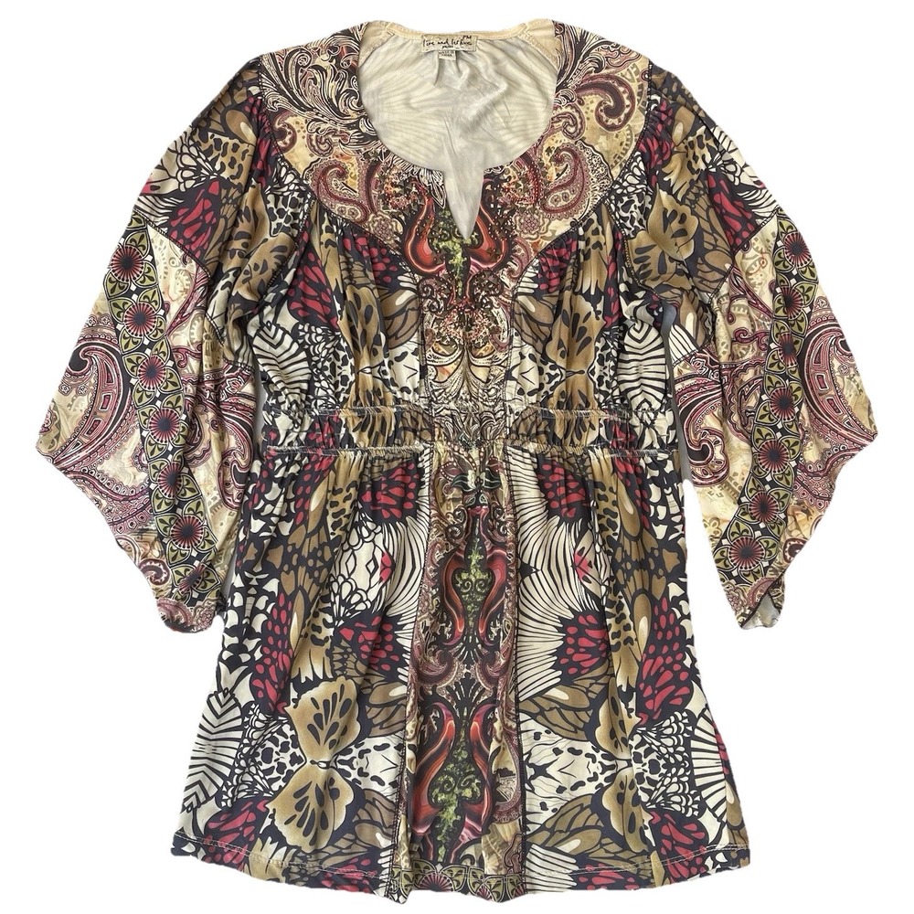 Live And Let Live Shirt Tunic Womens Petite Medium Beaded Stretch Fairy Boho